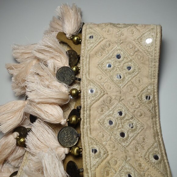 Miss June Paris Embroidered Bohemian Fringe Belt w/ Coin & Leather Accents, Sz 2